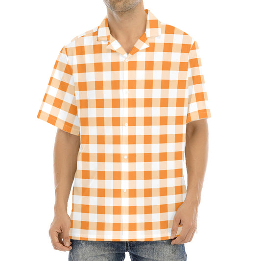 Orange And White Gingham Pattern Print Aloha Shirt
