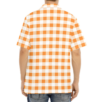 Orange And White Gingham Pattern Print Aloha Shirt