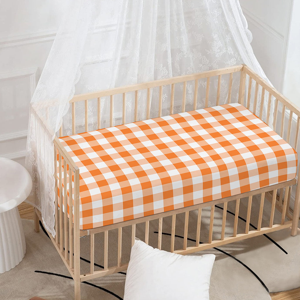 Orange And White Gingham Pattern Print Baby Crib Sheet