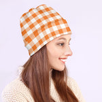 Orange And White Gingham Pattern Print Beanie