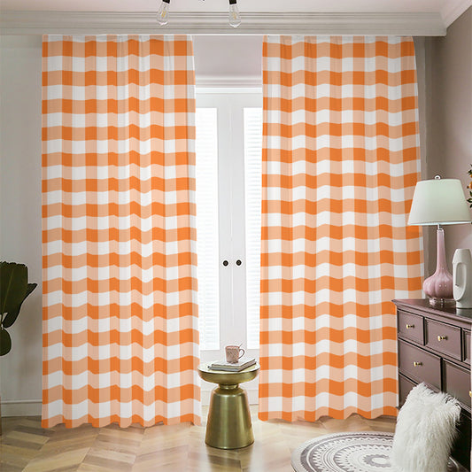 Orange And White Gingham Pattern Print Blackout Pencil Pleat Curtains