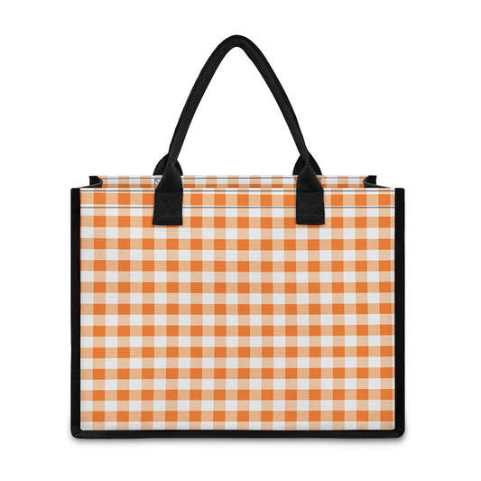 Orange And White Gingham Pattern Print Canvas Tote Bag