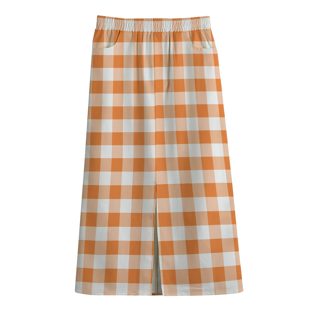 Orange And White Gingham Pattern Print Cotton Front Slit Maxi Skirt