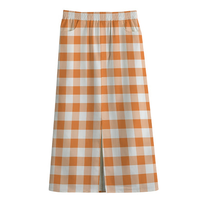 Orange And White Gingham Pattern Print Cotton Front Slit Maxi Skirt