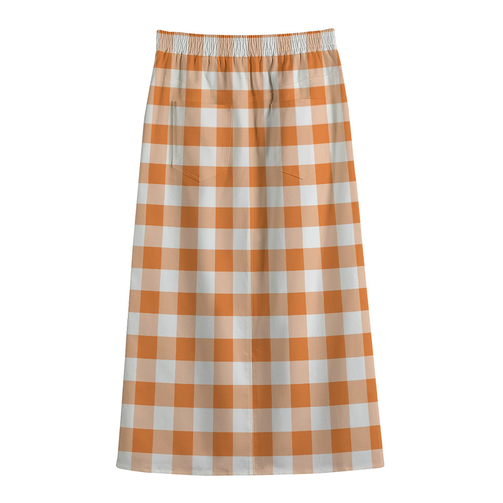 Orange And White Gingham Pattern Print Cotton Front Slit Maxi Skirt