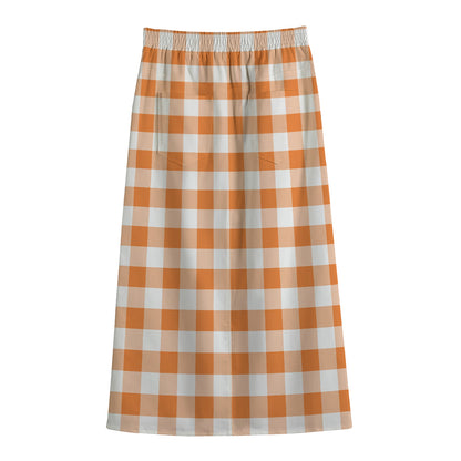 Orange And White Gingham Pattern Print Cotton Front Slit Maxi Skirt