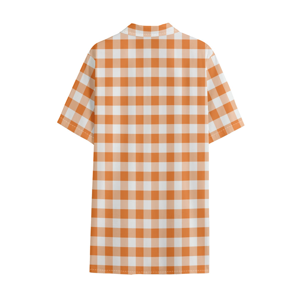 Orange And White Gingham Pattern Print Cotton Hawaiian Shirt