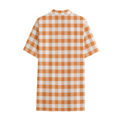 Orange And White Gingham Pattern Print Cotton Hawaiian Shirt