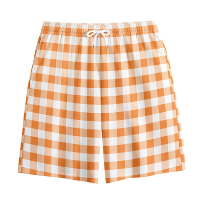 Orange And White Gingham Pattern Print Cotton Shorts