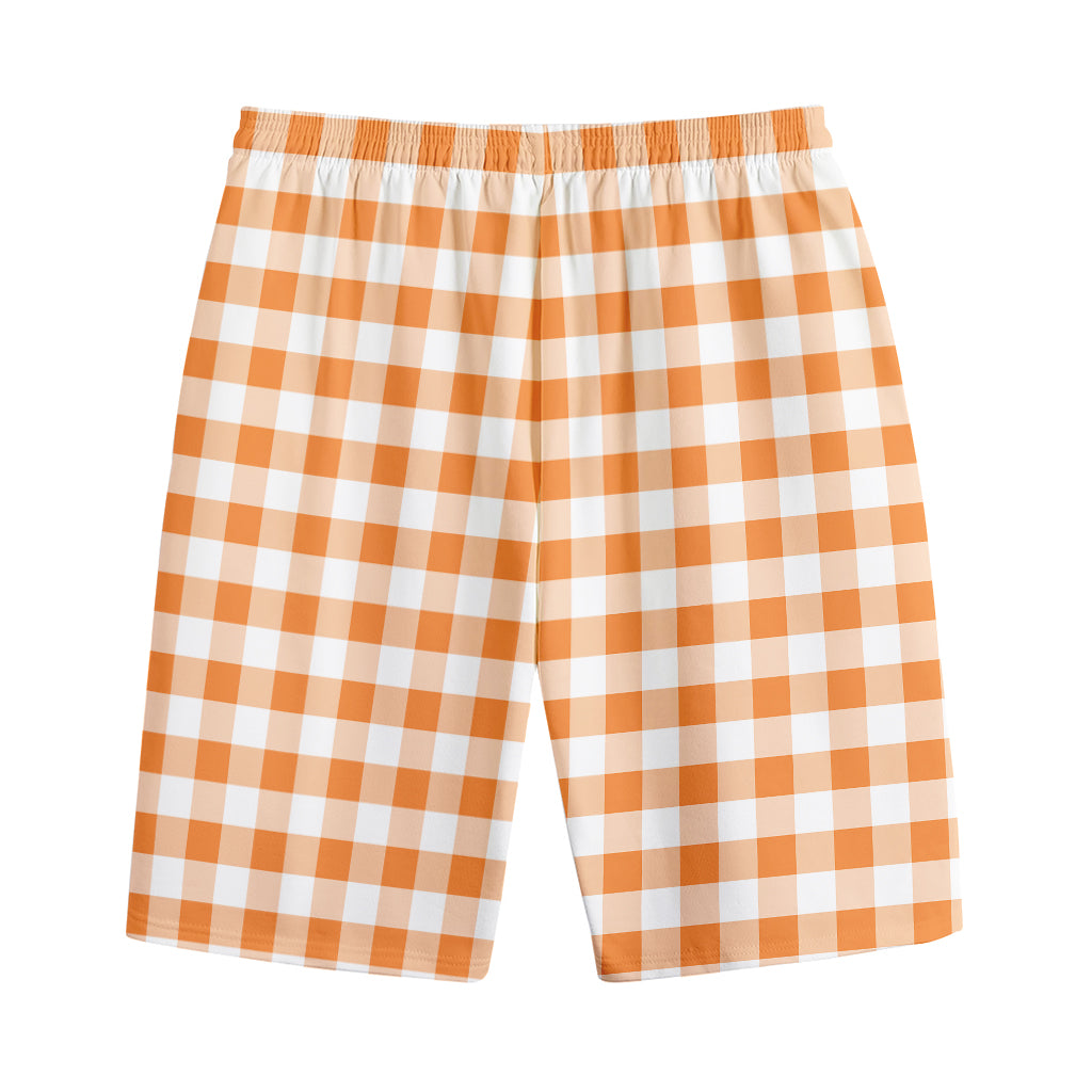 Orange And White Gingham Pattern Print Cotton Shorts