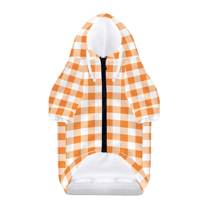 Orange And White Gingham Pattern Print Dog Zip Up Hoodie