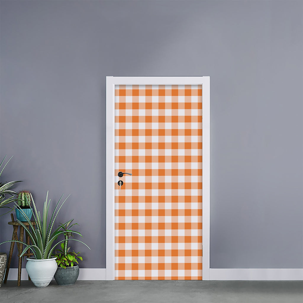 Orange And White Gingham Pattern Print Door Sticker