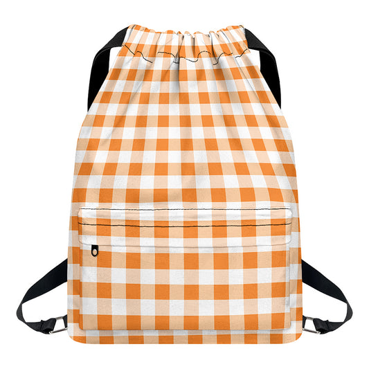 Orange And White Gingham Pattern Print Drawstring Backpack