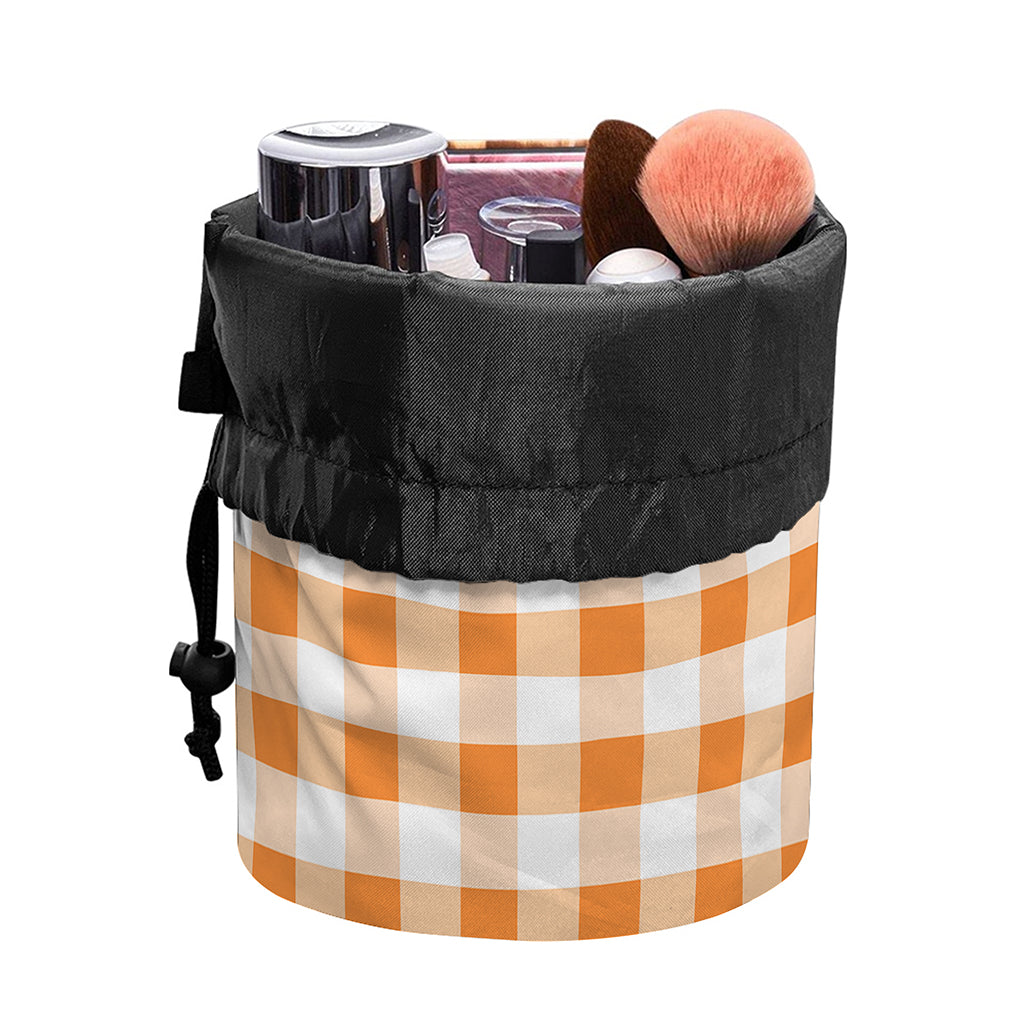 Orange And White Gingham Pattern Print Drawstring Makeup Bag