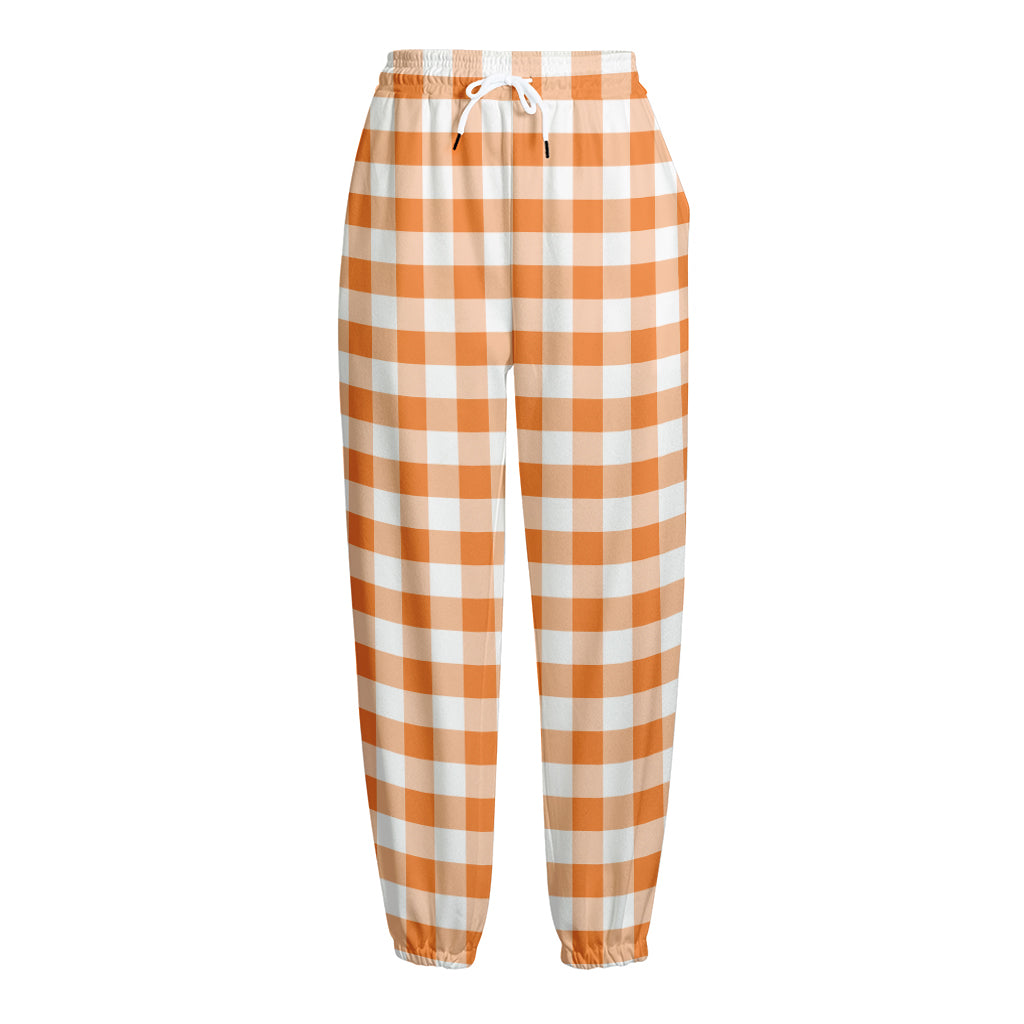 Orange And White Gingham Pattern Print Fleece Lined Knit Pants