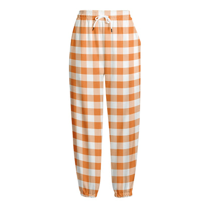 Orange And White Gingham Pattern Print Fleece Lined Knit Pants
