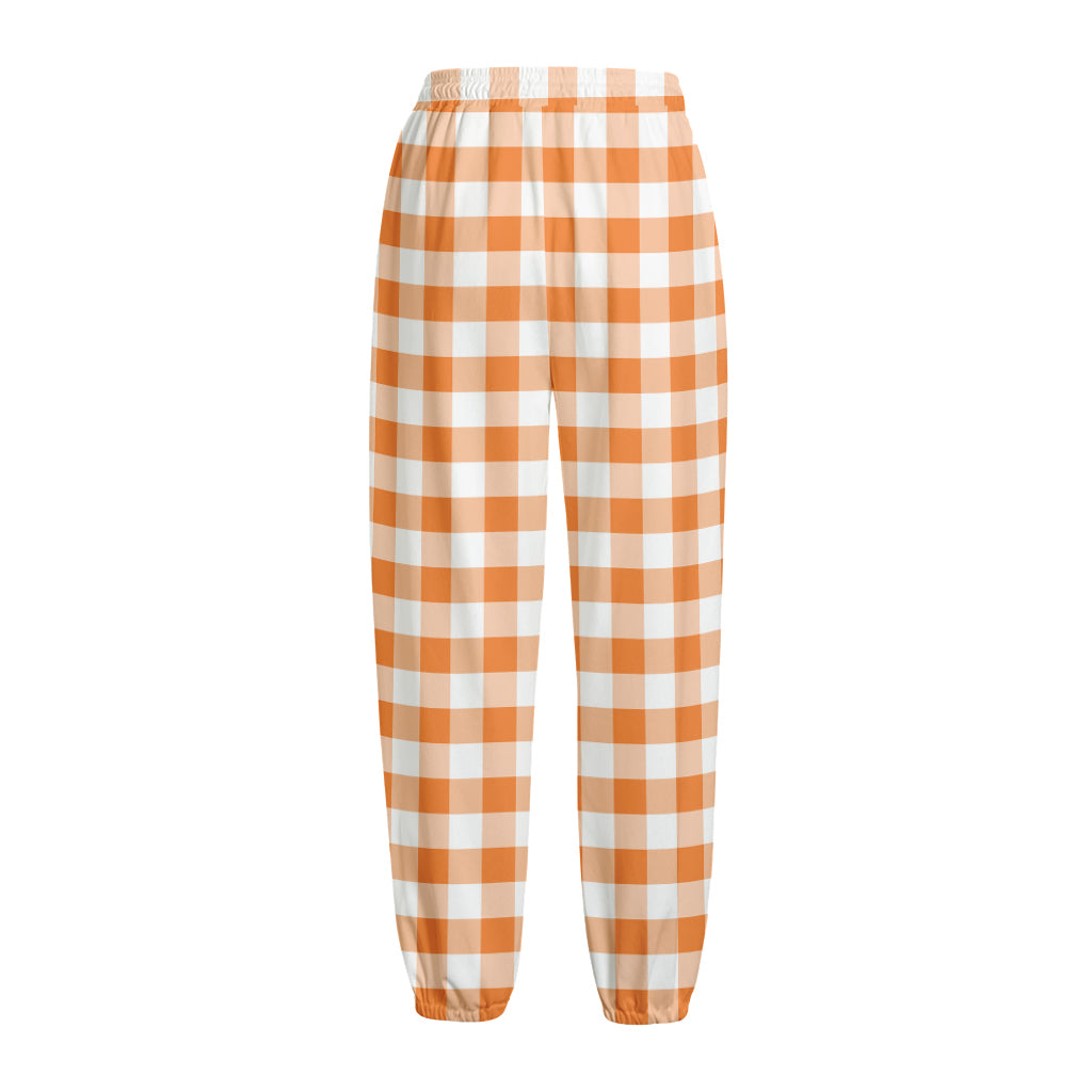 Orange And White Gingham Pattern Print Fleece Lined Knit Pants