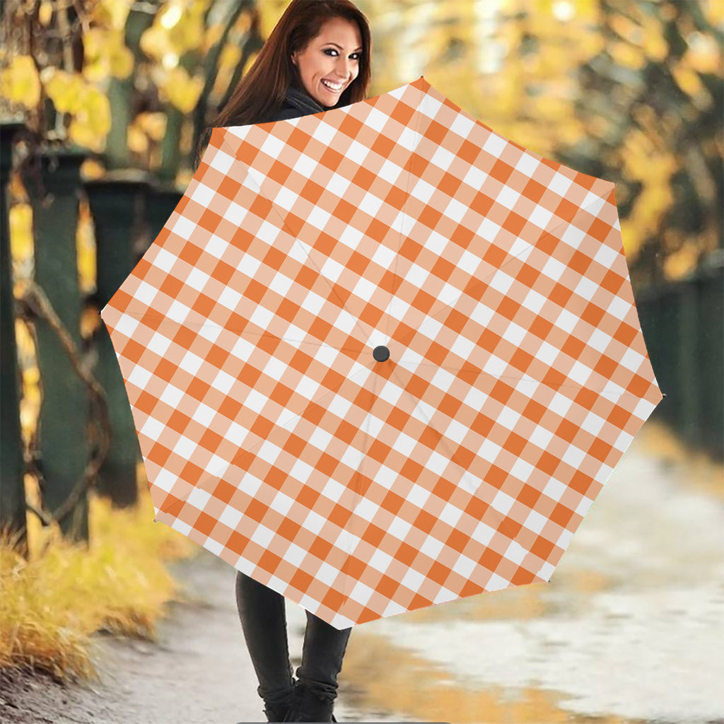Orange And White Gingham Pattern Print Foldable Umbrella