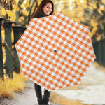 Orange And White Gingham Pattern Print Foldable Umbrella