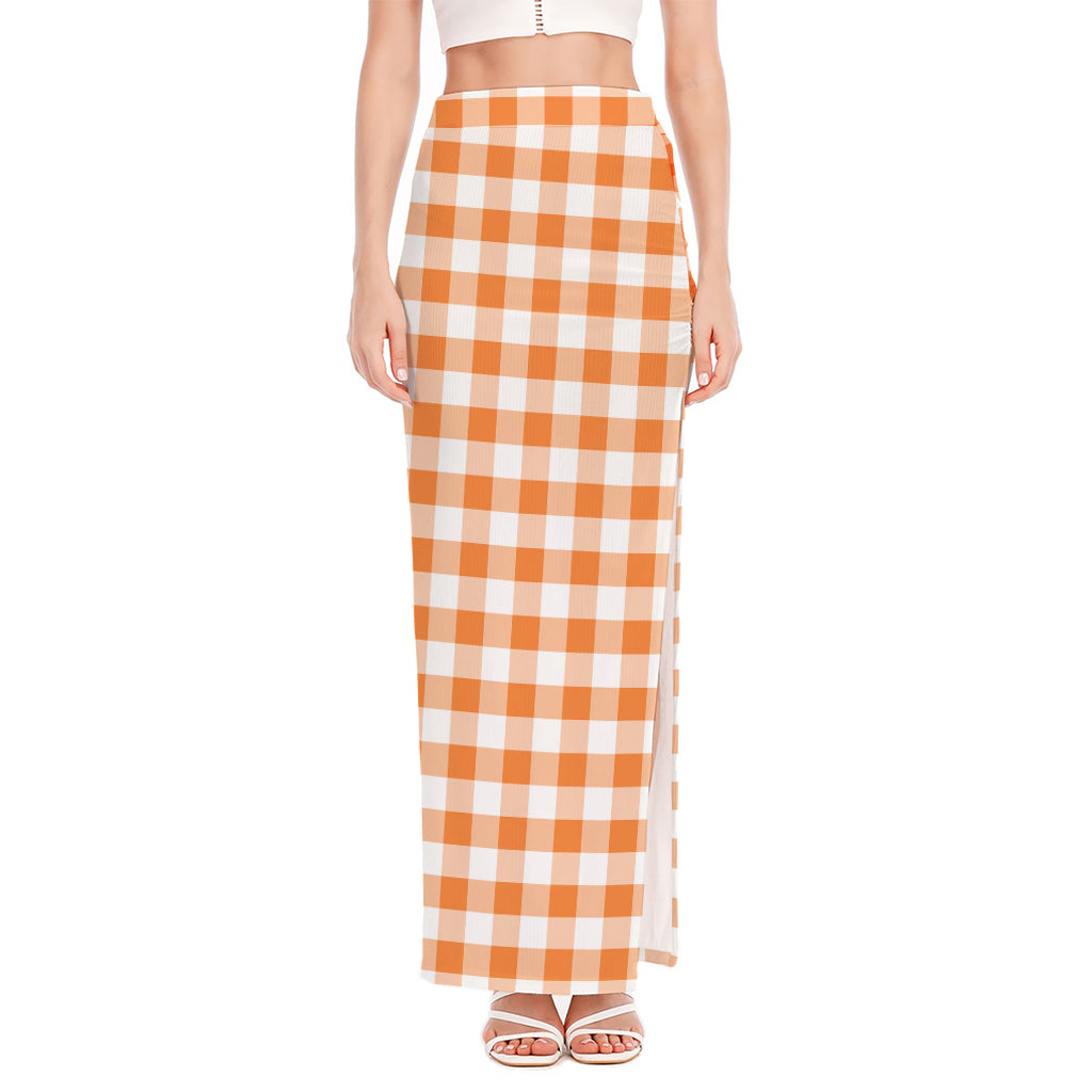 Orange And White Gingham Pattern Print High Slit Maxi Skirt