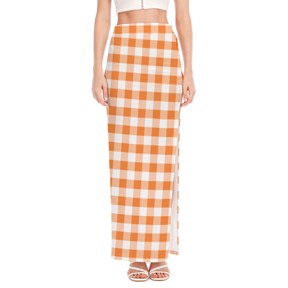 Orange And White Gingham Pattern Print High Slit Maxi Skirt