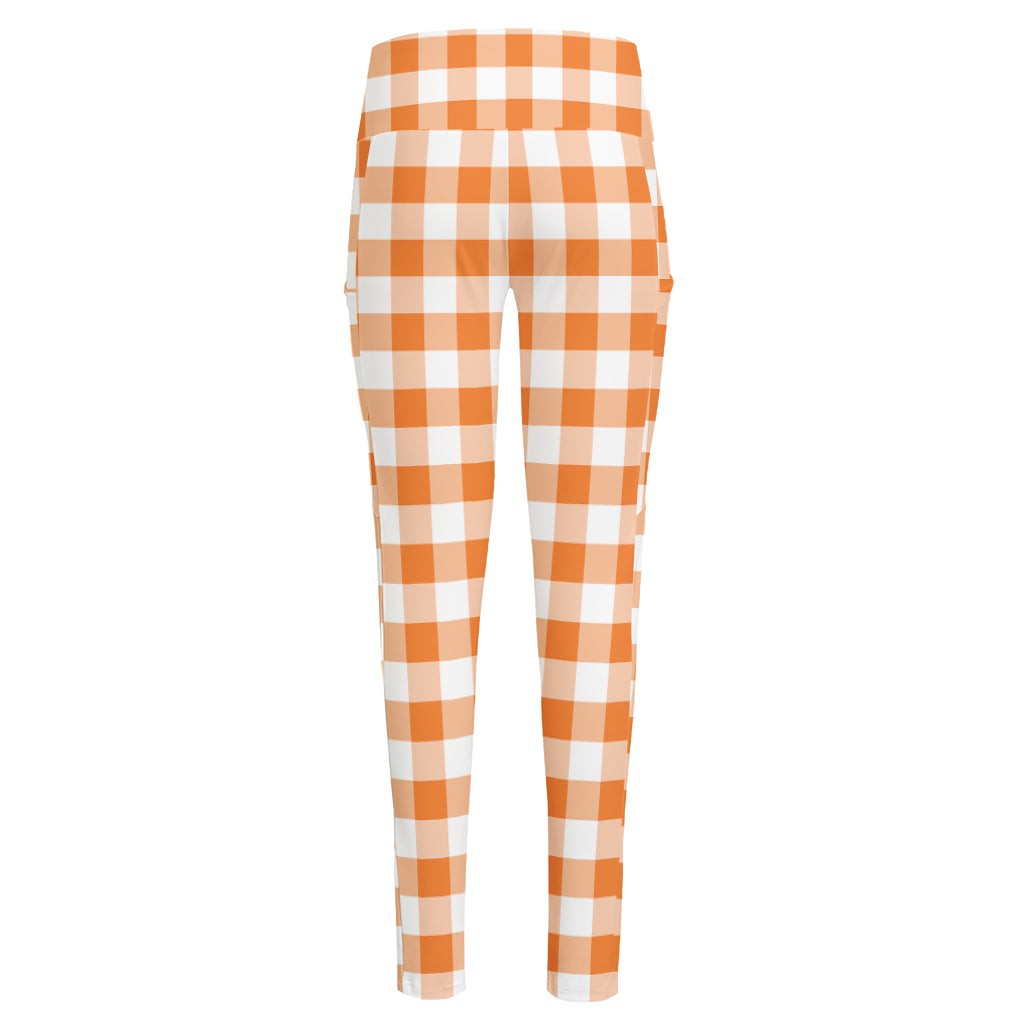 Orange And White Gingham Pattern Print High-Waisted Pocket Leggings