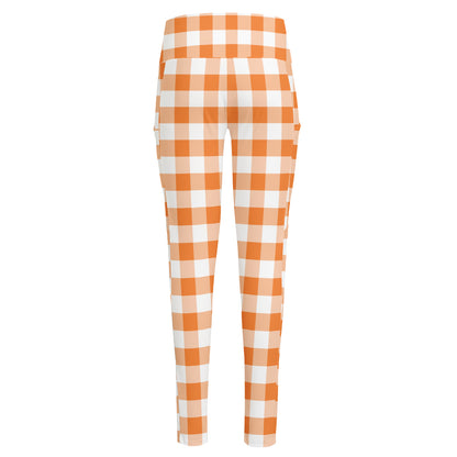 Orange And White Gingham Pattern Print High-Waisted Pocket Leggings