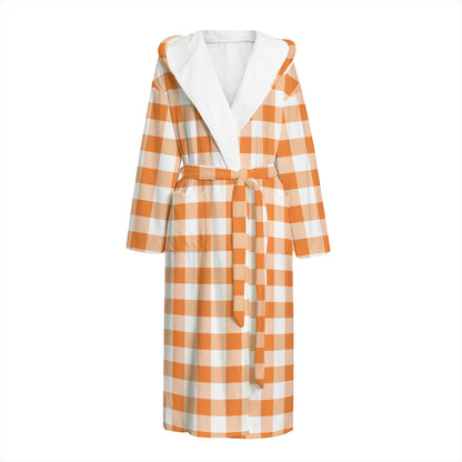 Orange And White Gingham Pattern Print Hooded Bathrobe
