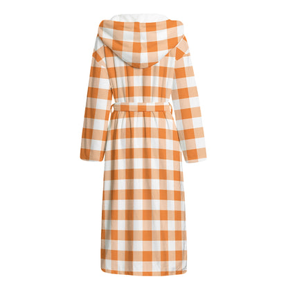 Orange And White Gingham Pattern Print Hooded Bathrobe