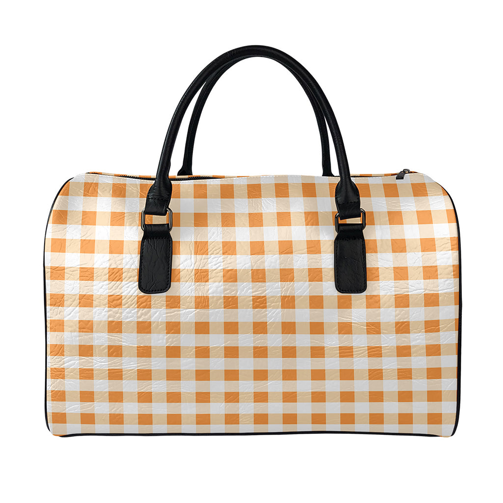 Orange And White Gingham Pattern Print Leather Duffle Bag