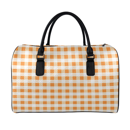 Orange And White Gingham Pattern Print Leather Duffle Bag