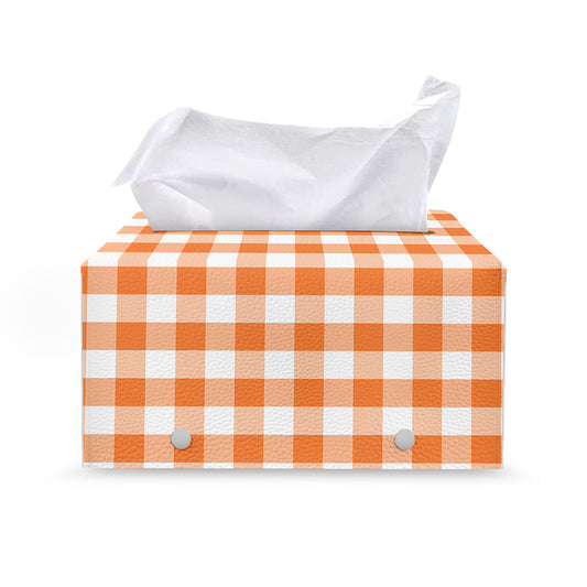 Orange And White Gingham Pattern Print Leather Tissue Box Cover