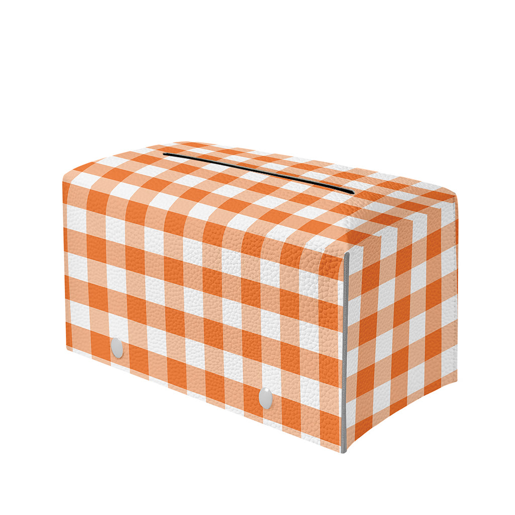 Orange And White Gingham Pattern Print Leather Tissue Box Cover