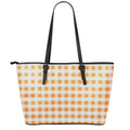 Orange And White Gingham Pattern Print Leather Tote Bag With Zipper