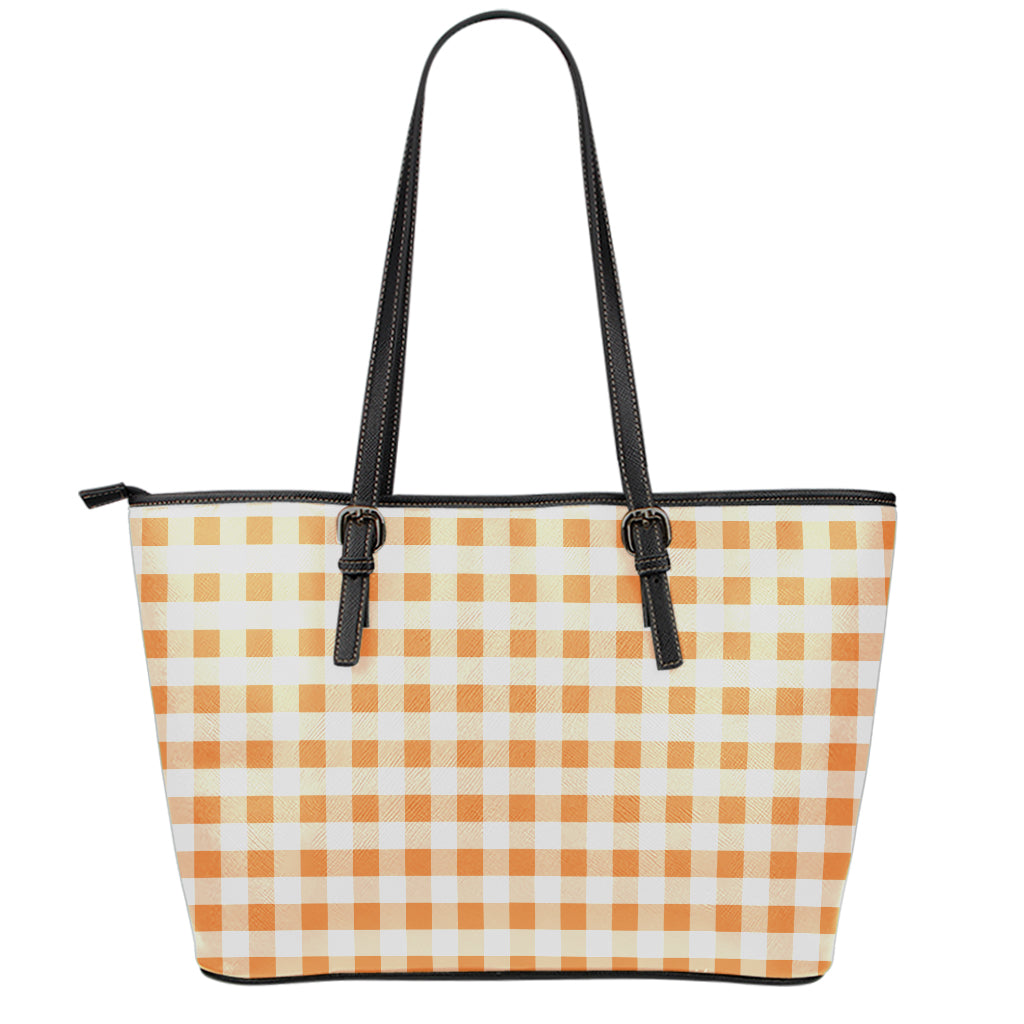 Orange And White Gingham Pattern Print Leather Tote Bag