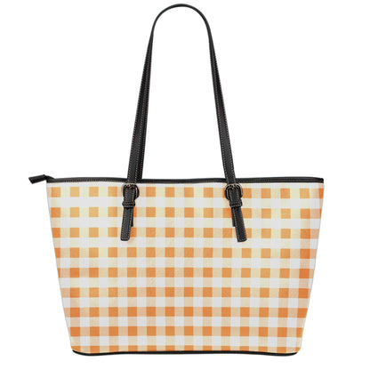 Orange And White Gingham Pattern Print Leather Tote Bag