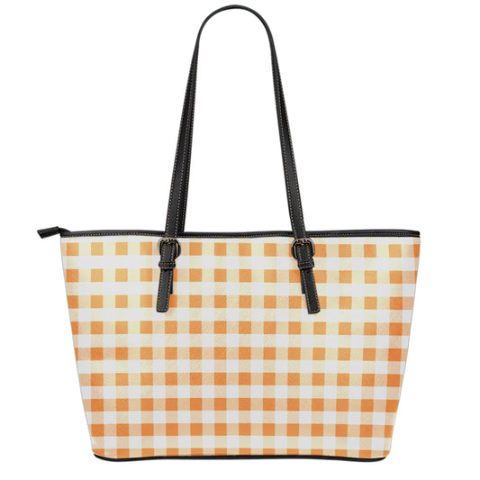 Orange And White Gingham Pattern Print Leather Tote Bag