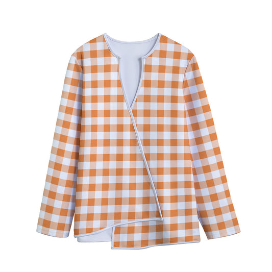 Orange And White Gingham Pattern Print Long Sleeve Short Coat