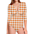 Orange And White Gingham Pattern Print Long Sleeve Swimsuit