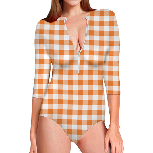 Orange And White Gingham Pattern Print Long Sleeve Swimsuit