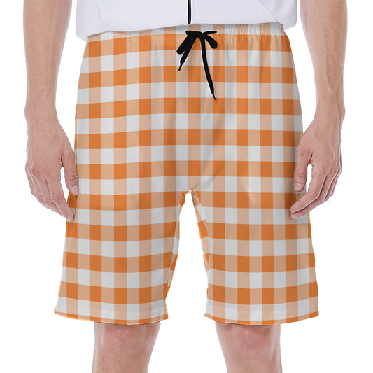 Orange And White Gingham Pattern Print Men's Beach Shorts