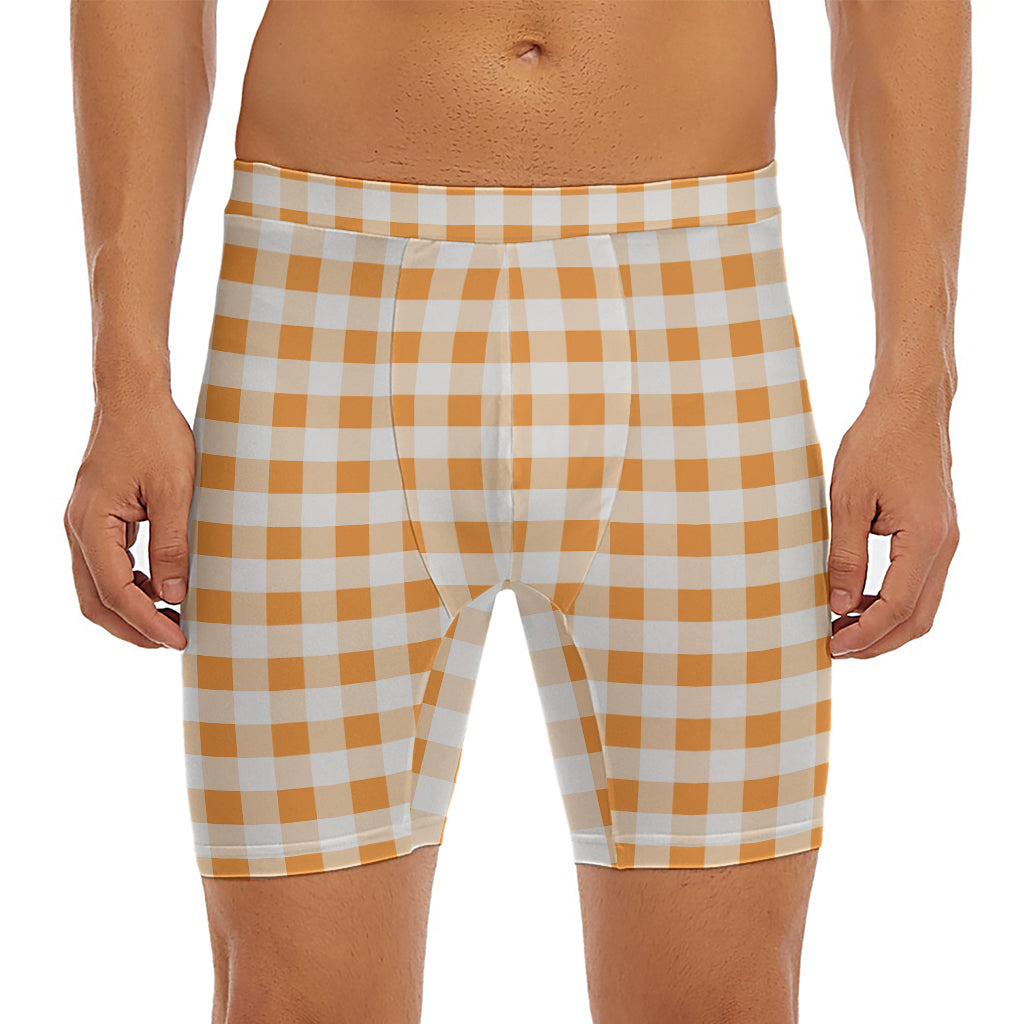 Orange And White Gingham Pattern Print Men's Long Boxer Briefs