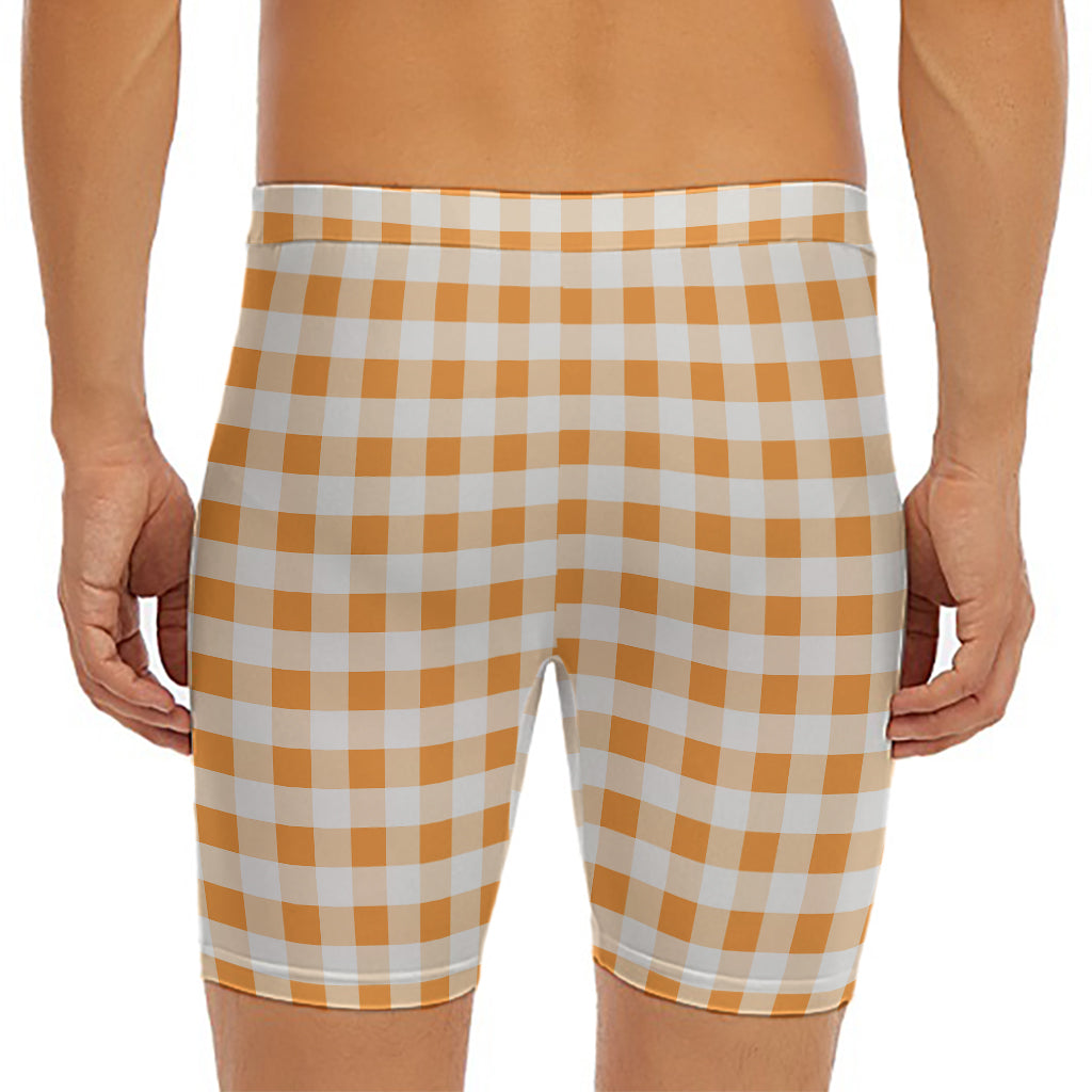 Orange And White Gingham Pattern Print Men's Long Boxer Briefs