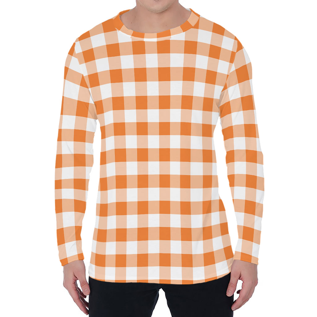Orange And White Gingham Pattern Print Men's Long Sleeve T-Shirt