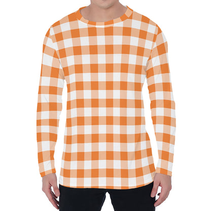 Orange And White Gingham Pattern Print Men's Long Sleeve T-Shirt