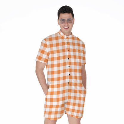 Orange And White Gingham Pattern Print Men's Rompers