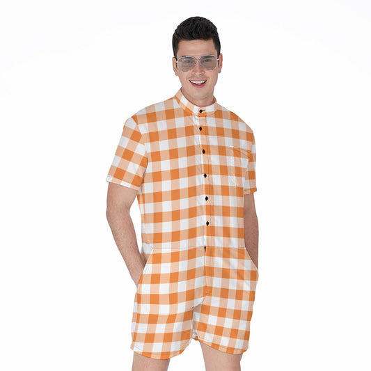 Orange And White Gingham Pattern Print Men's Rompers