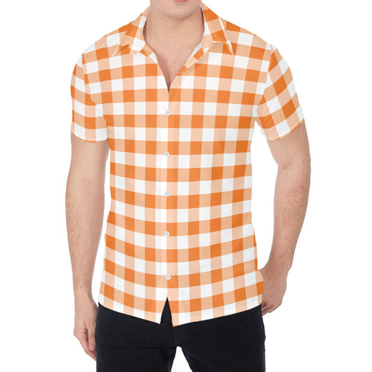 Orange And White Gingham Pattern Print Men's Shirt