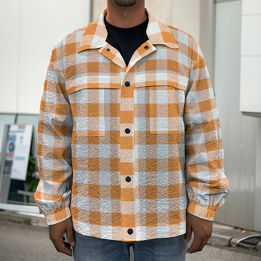 Orange And White Gingham Pattern Print Men's Shirt Jacket