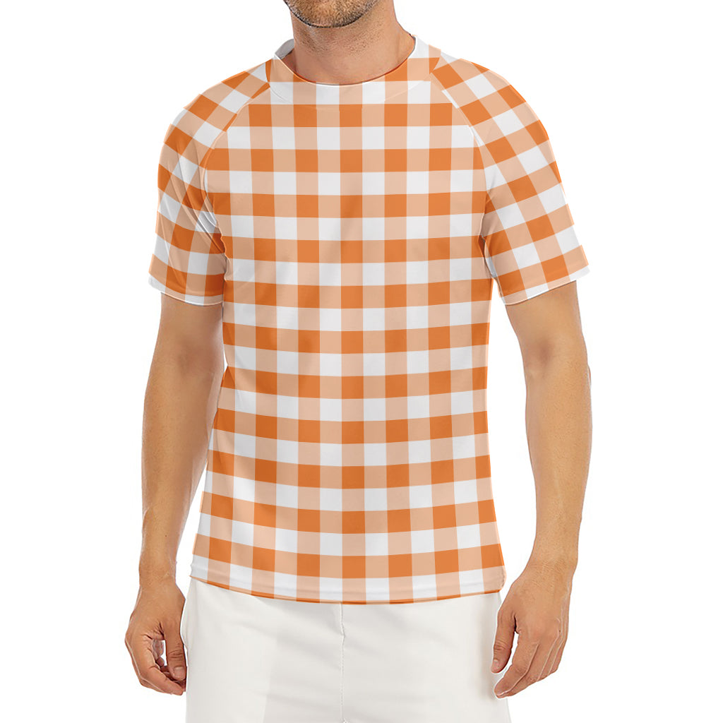 Orange And White Gingham Pattern Print Men's Short Sleeve Rash Guard